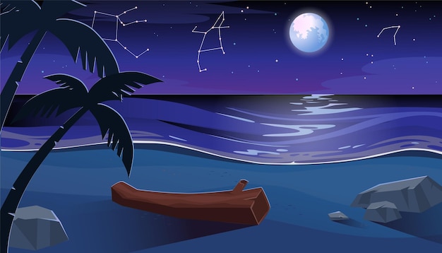 Vector night sea landscape with moon stars and clouds in dark sky vector cartoon illustration