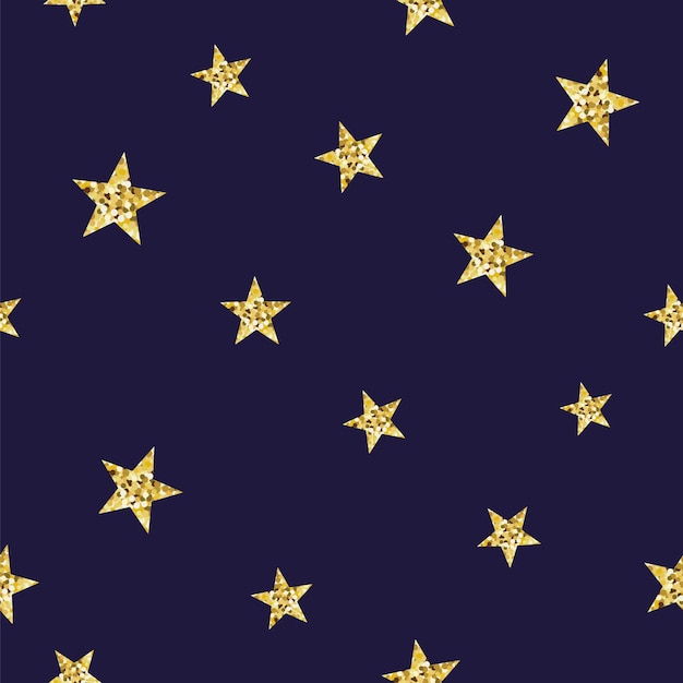 Night seamless pattern with gold glitter textured stars on the dark blue background Starry wallpaper design for invitations wallpapaer package design Cute night template Vector illustrations