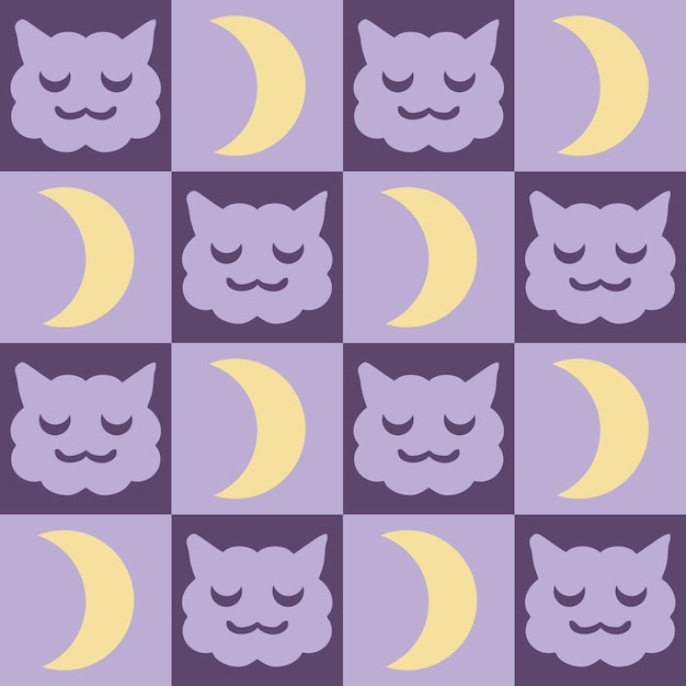 Night seamless pattern with sleepy cats faces and moon in retro swiss style Geometric checkered print for tee paper textile and fabric Vintage vector background for decor and design