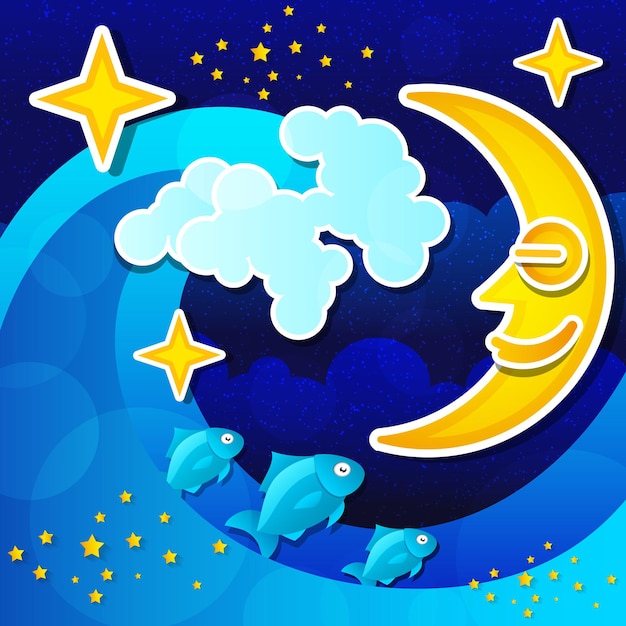 Night seascape with full moon and starry sky. Vector illustration