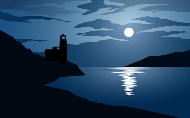 Night at seaside with lighthouse and moonlight