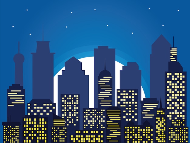 Night silhouette of the city and full moon with stars, cartoon style