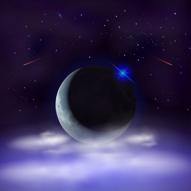 Night sky background with half moon hidden behind the clouds.