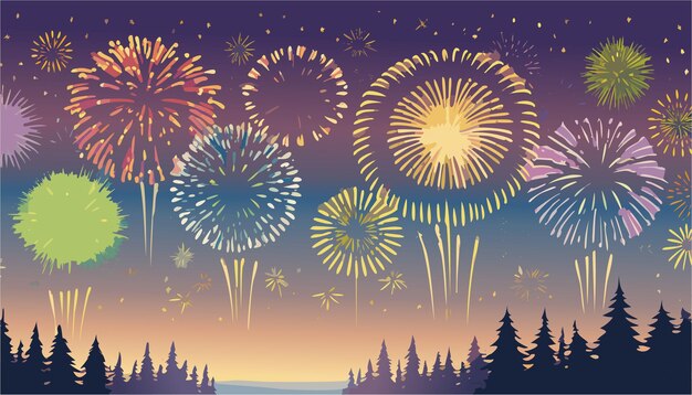 Vector night sky happy new year celebration colourful fireworks scenery cartoon landscape background design