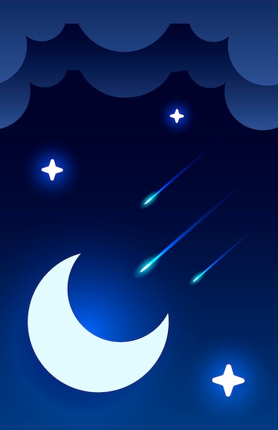 Night sky illustration with half moon, clouds and stars