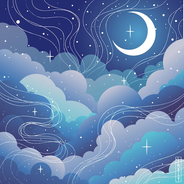 night sky, moon among the clouds, stars in the sky