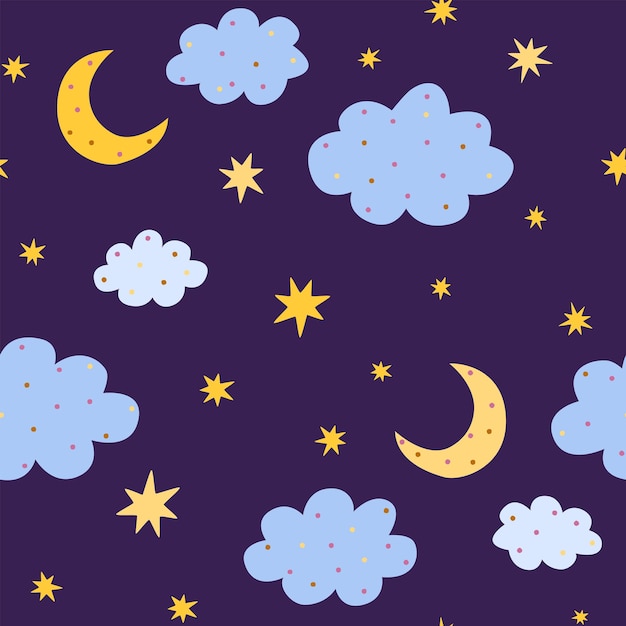 Night sky seamless pattern with moon and clouds and stars