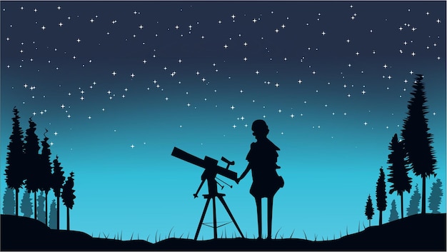 Vector night sky view little girl enjoying the view of the night sky using a telescope