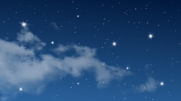 Night sky with clouds and many stars. Abstract nature background with stardust in deep universe. Vector illustration.