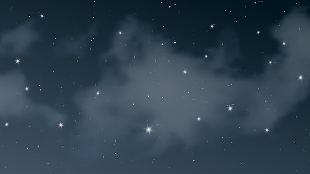 Night sky with clouds and many stars. Abstract nature background with stardust in deep universe. Vector illustration.