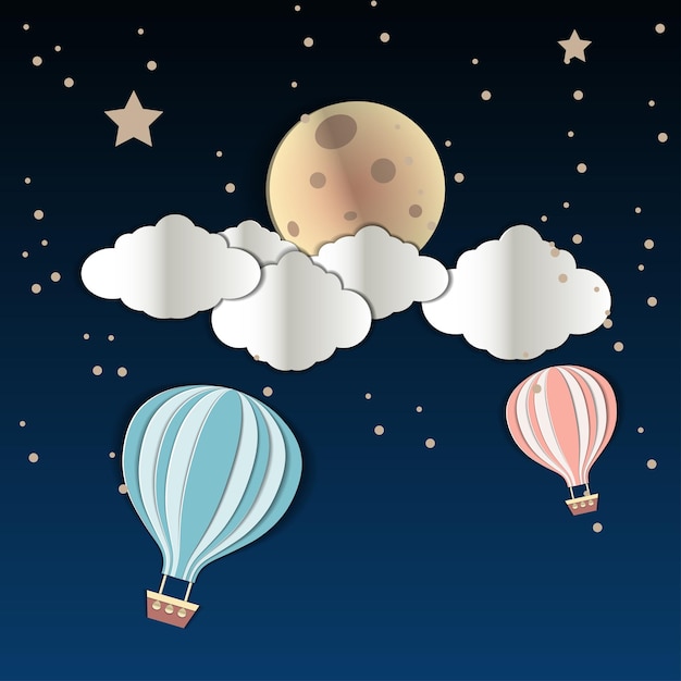 Night sky with clouds with moon and balloons papercut style postcard