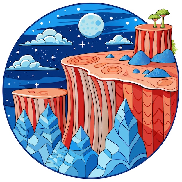 Vector night sky with a full moon and a cliff with a tree on top