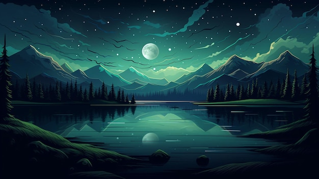 Vector a night sky with a lake and mountains in the background