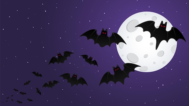 Night sky with stars happy Halloween background with flying animal bats