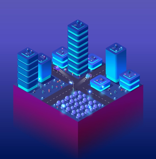 Night smart isometric city 3D illustration for design