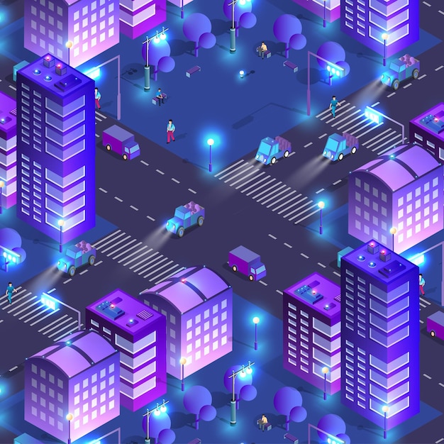 Night smart isometric city 3D illustration for design