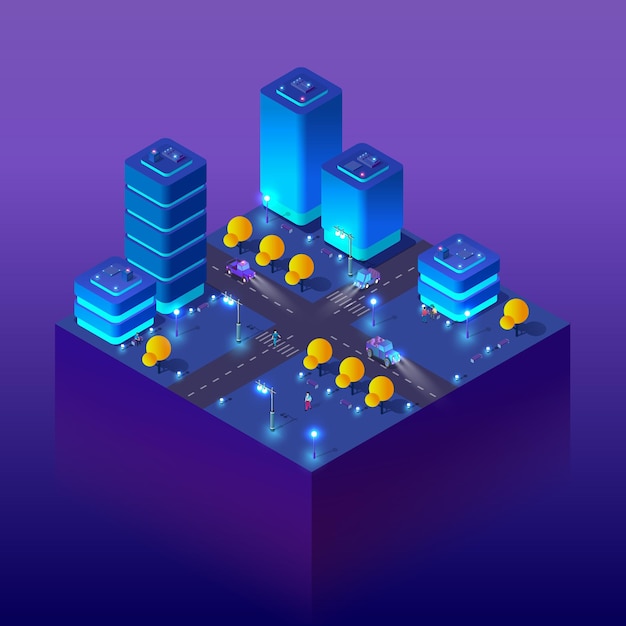 Night smart isometric city 3D illustration for design