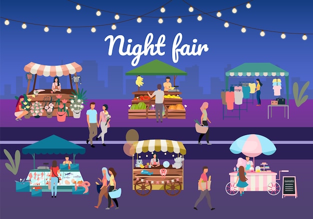 Night street fair flat illustration. Outdoor market stalls, summer trade tents with sellers and buyers. Flowers, farmers food and products, clothes city kiosks. Local urban shops with lettering