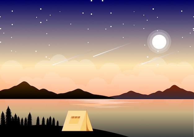 Vector night summer camping landscape with starry night illustration