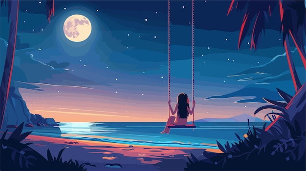 Vector night summer scene young woman sitting on swing