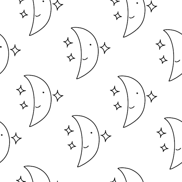 Night time seamless vector background moon in doodle style Children's wallpaper