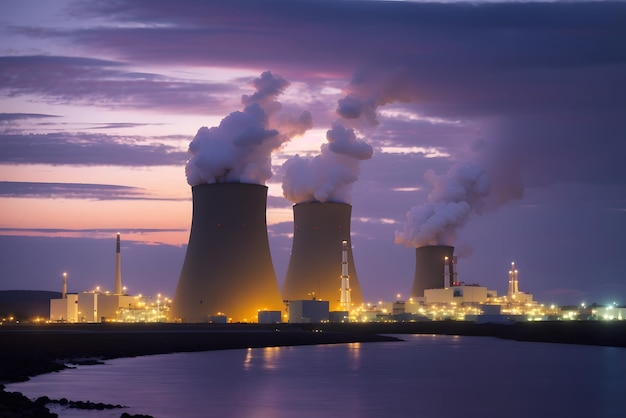 Vector night view of cooling tower of thermal power plant