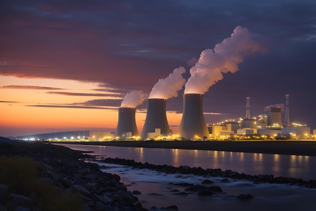 Vector night view of cooling tower of thermal power plant