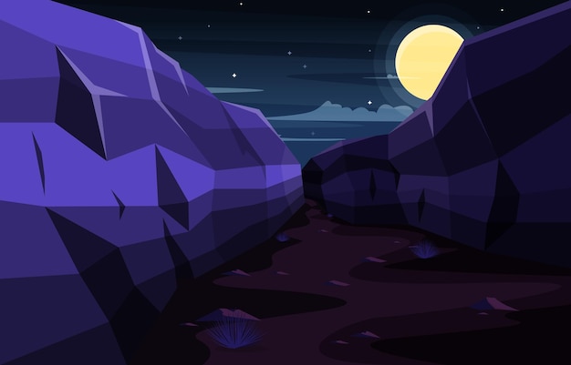 Night in Western American Rock Cliff Vast Desert Landscape Illustration