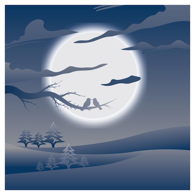 Vector night with full moon moonlight outdoor view illustration