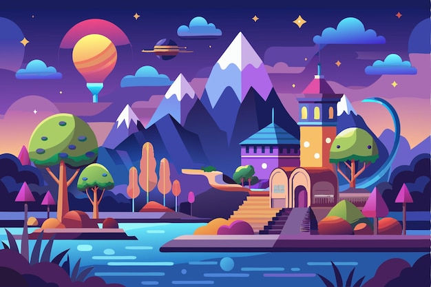 Vector nighttime fantasy landscape with a castle mountains and a hot air balloon