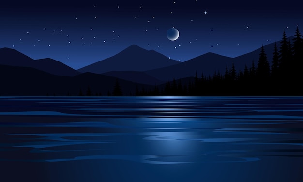 Nighttime landscape at lake with mountains moon and stars