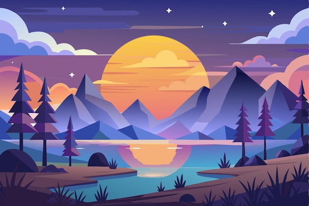 Vector a nighttime landscape with mountains a lake and a setting sun