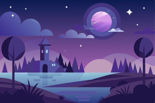 A Nighttime Landscape with a Tower Trees and a Glowing Planet