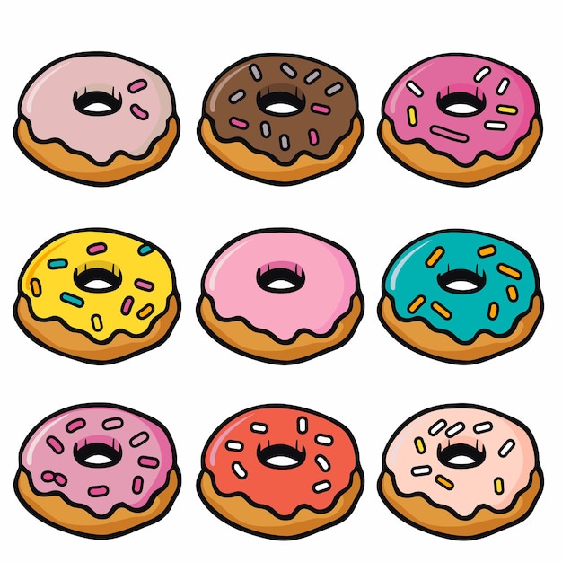 Nine assorted donuts cartoon illustrate sweet desserts variety frosted sprinkled doughnuts