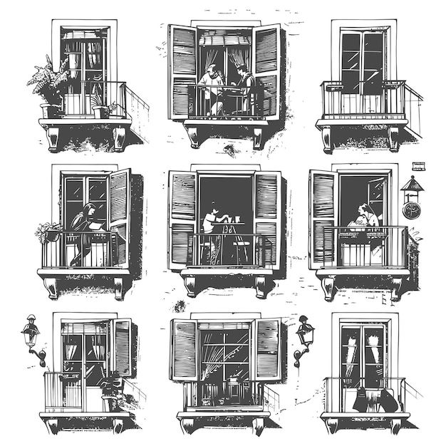 Vector nine balconies with open windows and residents