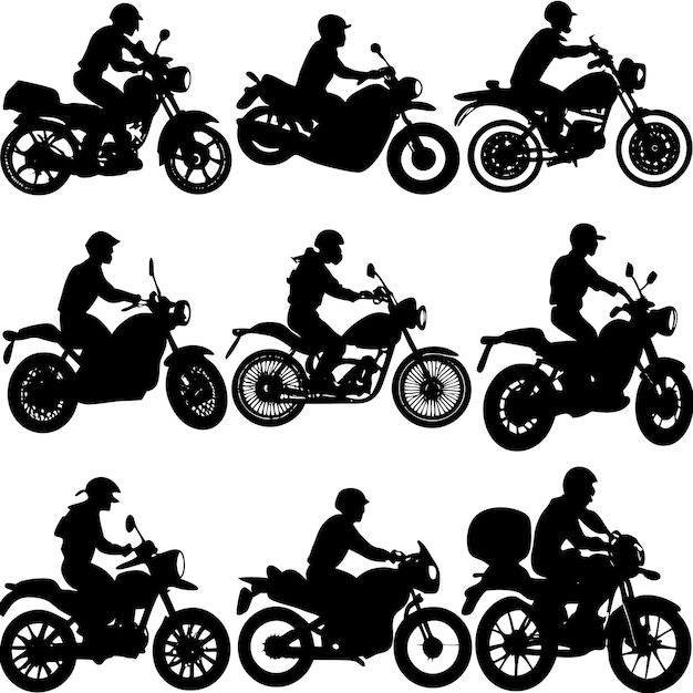 Vector nine black silhouettes of motorcyclists on white background