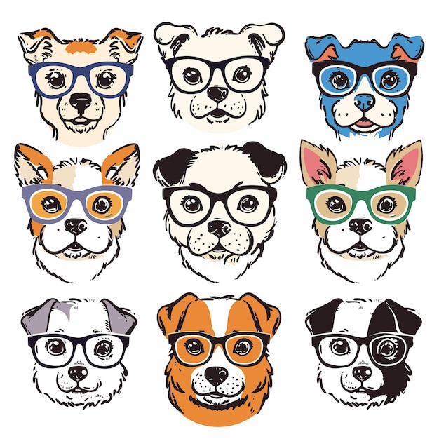 Nine canine faces wearing stylish glasses Dogs portrayed include different breeds all hipster