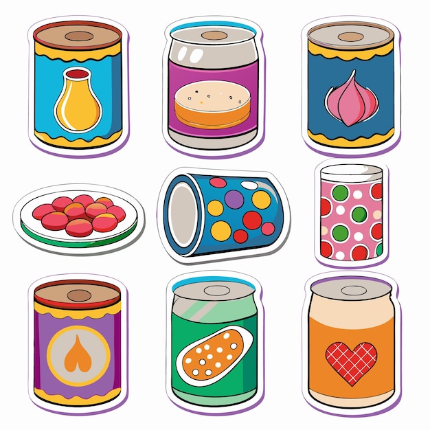 Vector nine cartoon cans with various patterns and contents