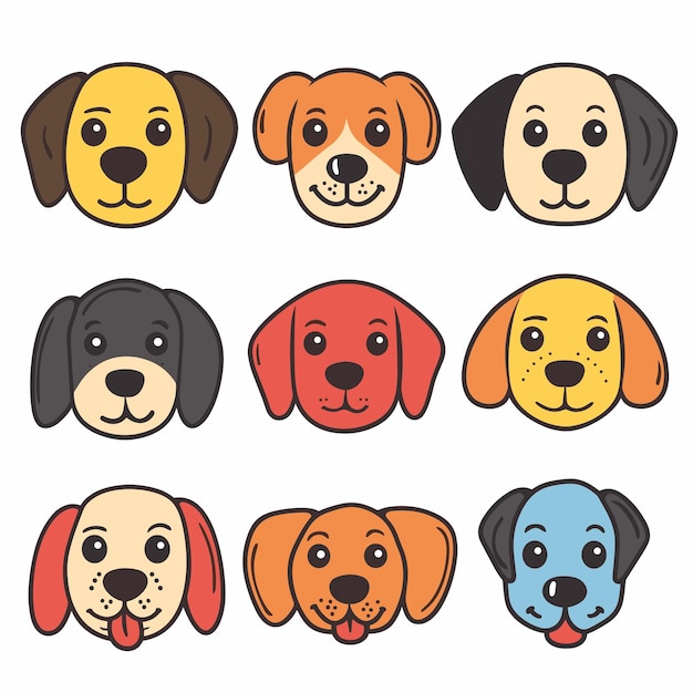 Nine cartoon dog faces various colors expressions cute puppy illustrations isolated white