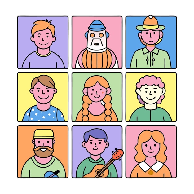 Vector nine cartoon portraits of people each with a different hairstyle and clothing