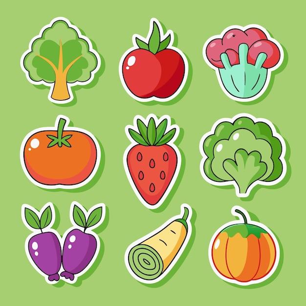 Vector nine cartoon stickers with various fruits and vegetables on a green background