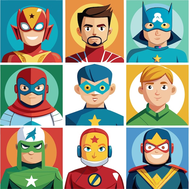 Vector nine cartoon superhero characters with different costumes and expressions