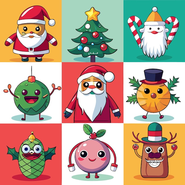 Nine Christmas characters including Santa a Christmas tree a candy cane a bauble a snowman and a reindeer