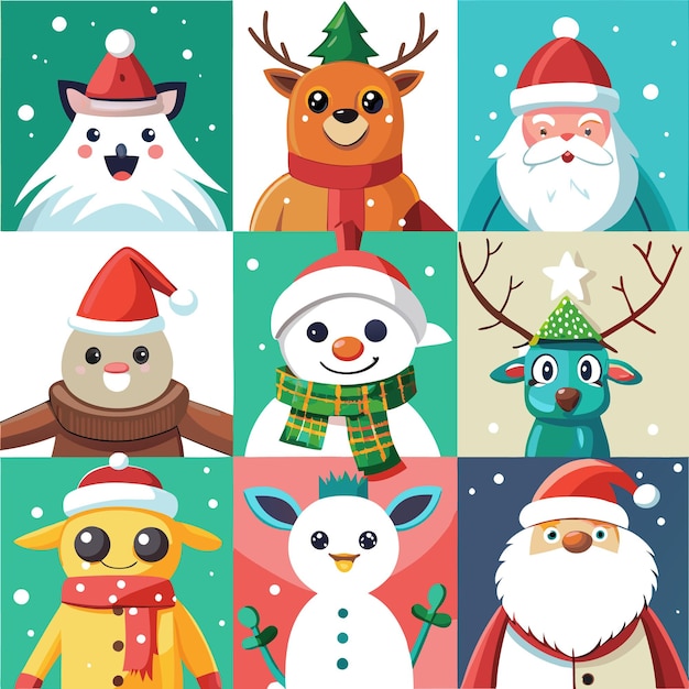 Nine Christmasthemed cartoon characters including a cat a deer Santa Claus a snowman and others