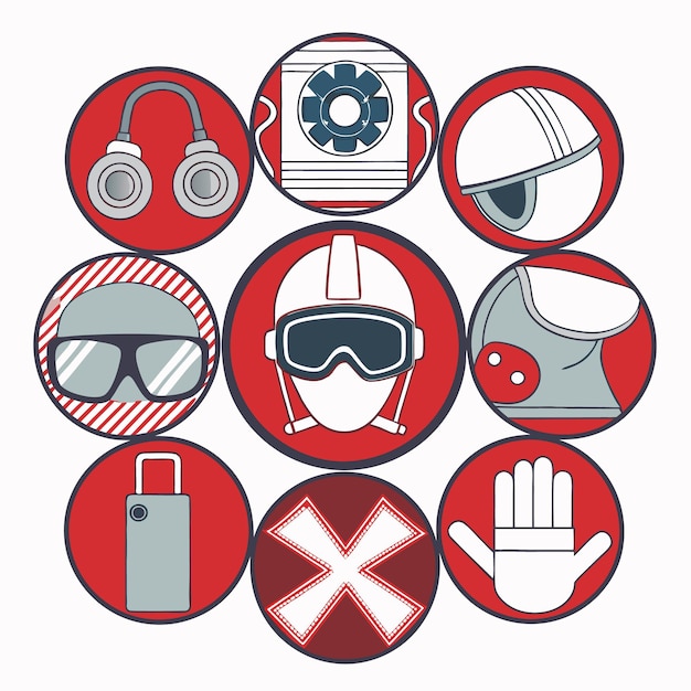 Vector nine circular safety icons with red background and white outlines