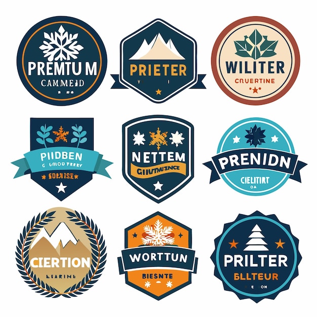 Nine colorful badges with various shapes words and symbols