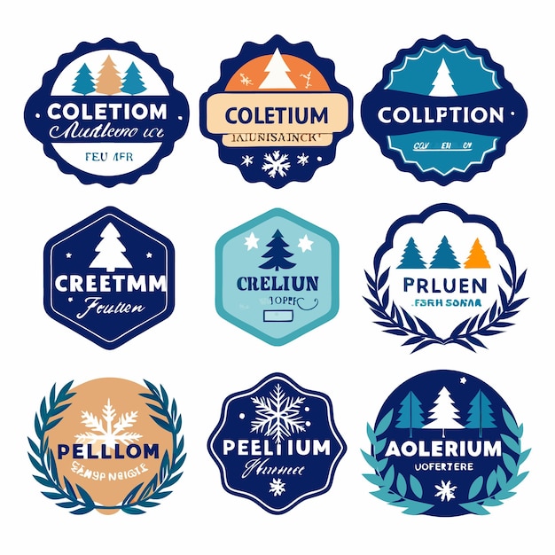 Nine colorful badges with winter trees and snowflakes for winter holidays