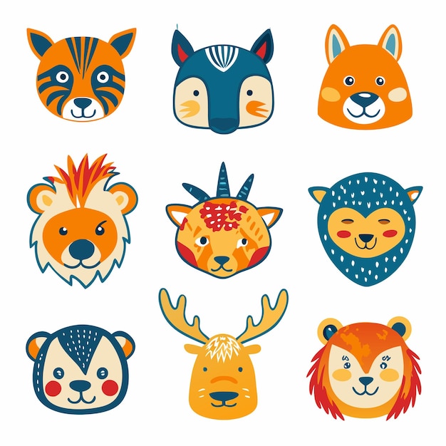 Vector nine colorful cartoon animal heads in a white background