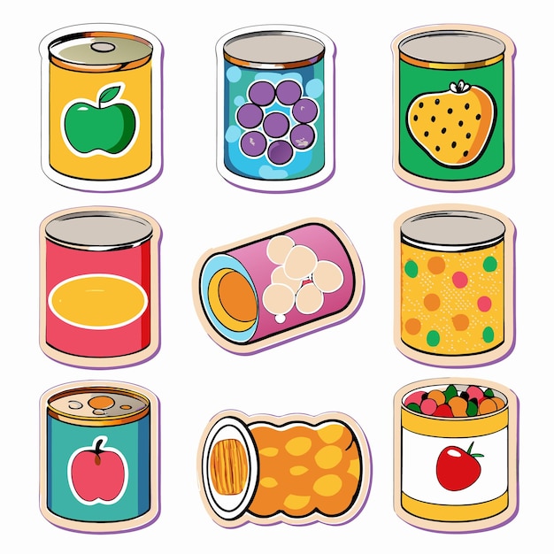 Nine colorful cartoon canned food stickers featuring fruit vegetables and other items