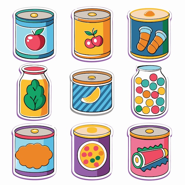 Vector nine colorful cartoon food cans with various food items inside